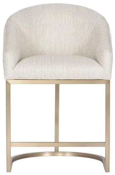 Ryder Performance Metal Barrel Base Stool in brass with curved barrel seat and chrome base, upholstered in light fabric