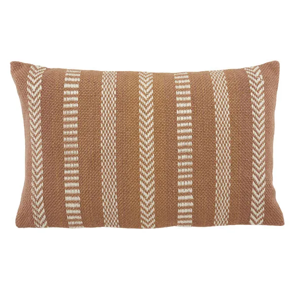 Rectangular lumbar pillow with tan and ivory vertical tribal embroidered stripes in durable polyester fabric