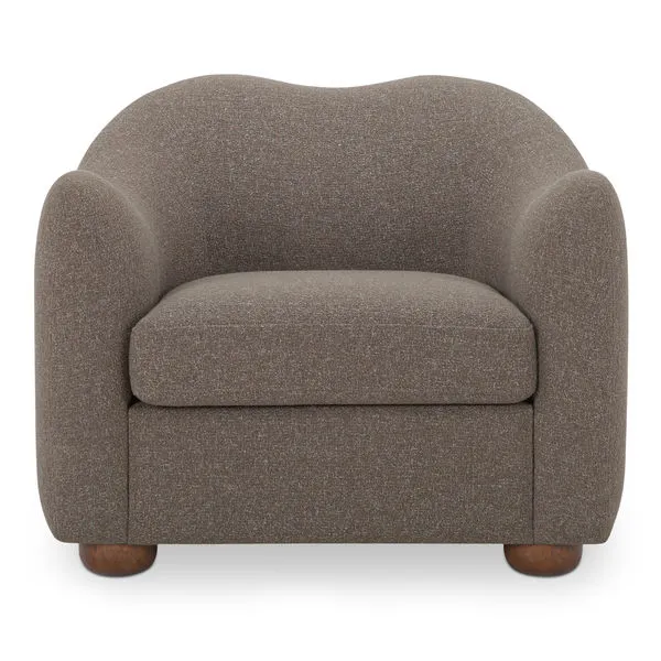 Bria Accent Chair in textured flecked brown fabric with rounded arms and rubberwood feet in warm brown finish