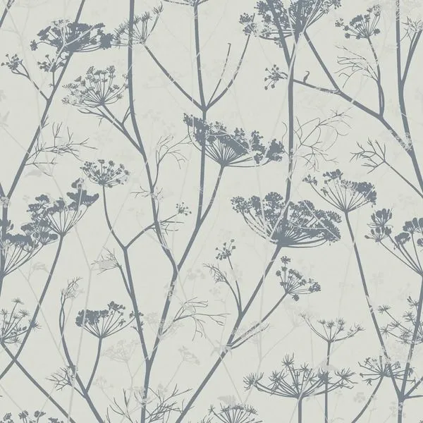 Wild Chervil wallpaper with off-white background and silver metallic starry floral clusters on fibrous paper