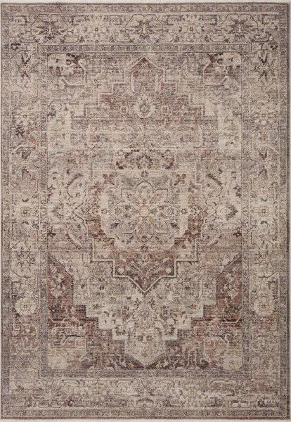 Traditional power-loomed rug with a central medallion and intricate floral motifs in muted berry and stone tones