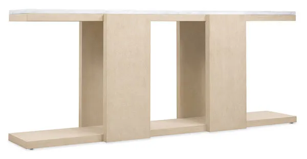 Westwood Console Table with narrow rectangular beige base and Volakas stone top featuring white, gray, and organic tones