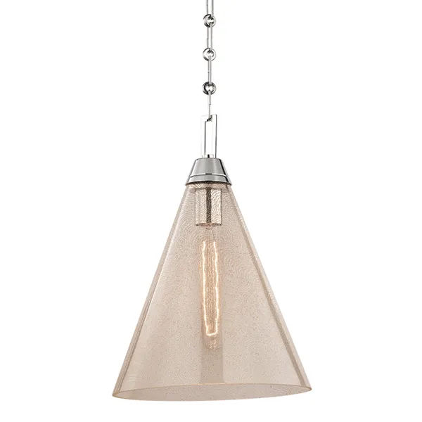 Newbury 1 Light Pendant with conical textured glass shade and chrome chain suspension, 16 inches tall