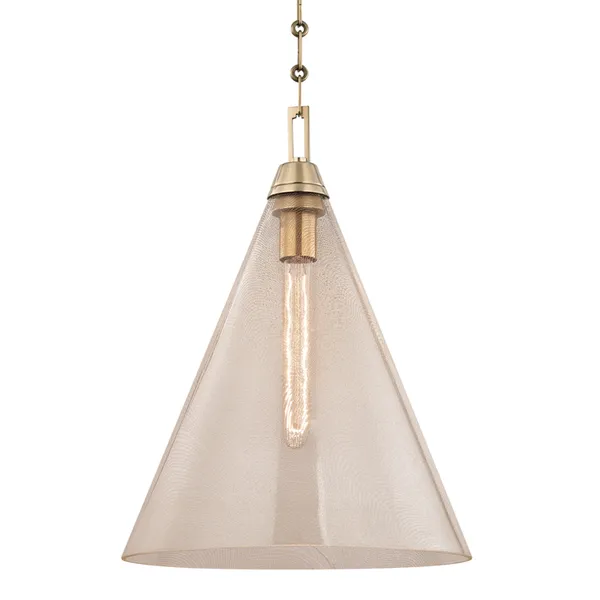 Newbury 1 Light Pendant with conical clear glass shade featuring inlaid brass strands and brass fixture