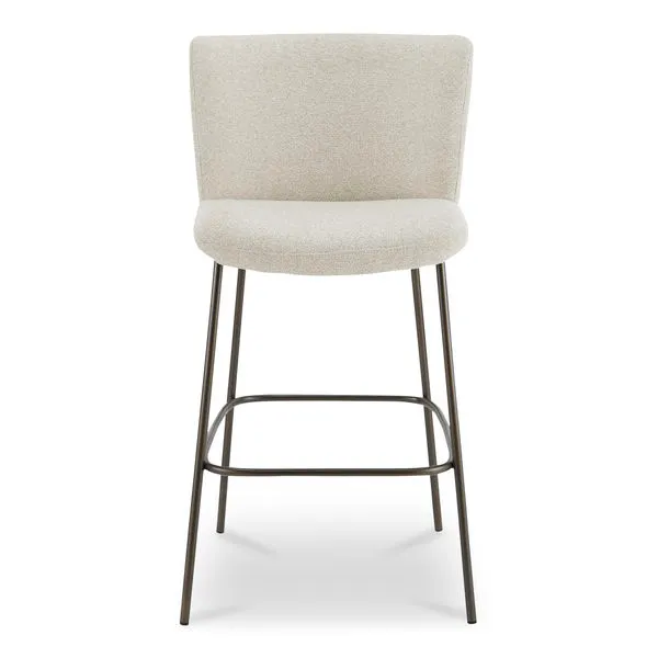 Early bar stool with blackened bronze metal frame and beige Performance fabric curved back and seat