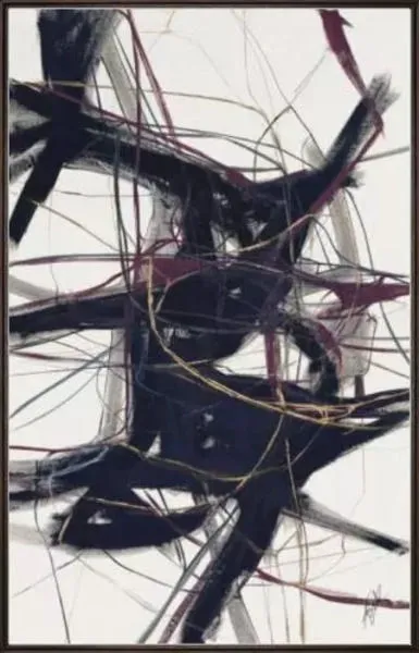Abstract painting with black and deep purple intertwined strokes and thin gold lines on white background in a dark frame