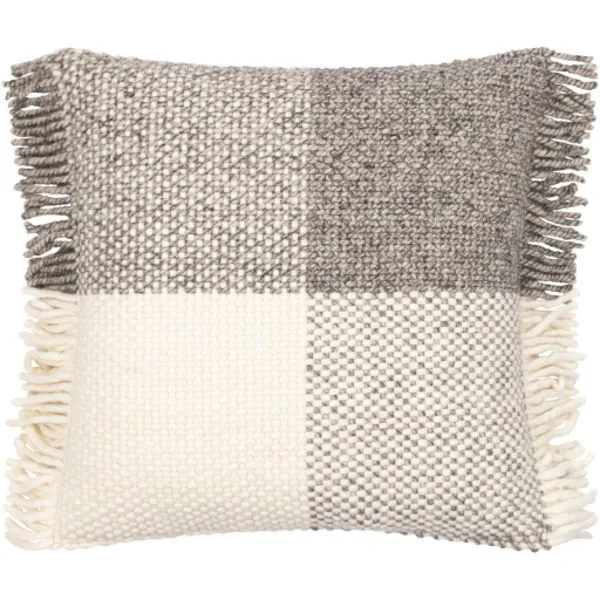 Square pillow with cream and gray woven check pattern and tasseled edges in a textured fabric