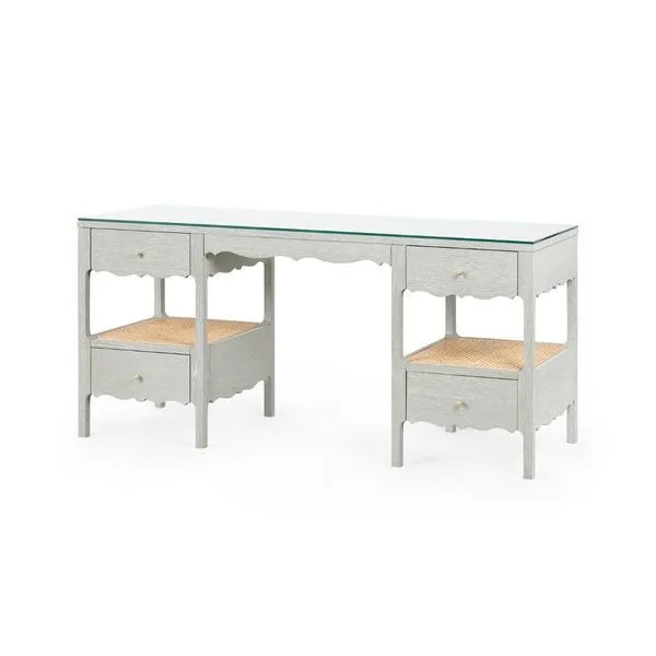 Arianna Desk in cerused oak with octagonal cane surfaces, four drawers, and hand-carved decorative flourishes