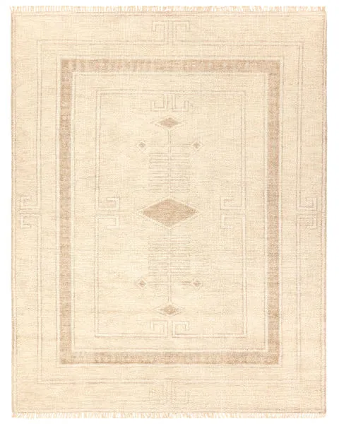 Cohar hand knotted medallion rug in beige and cream with subtle geometric border and central diamond motif