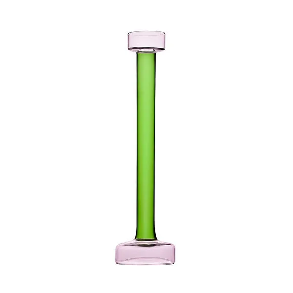 Tall glass candle holder with green cylindrical stem and pink rounded base and top