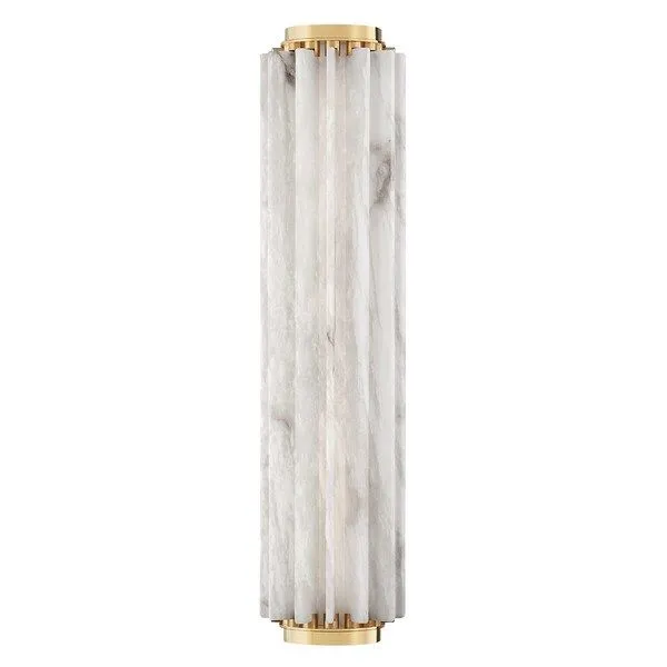 Tall Hillside large wall sconce with fluted white marble panels and polished brass top and bottom accents.