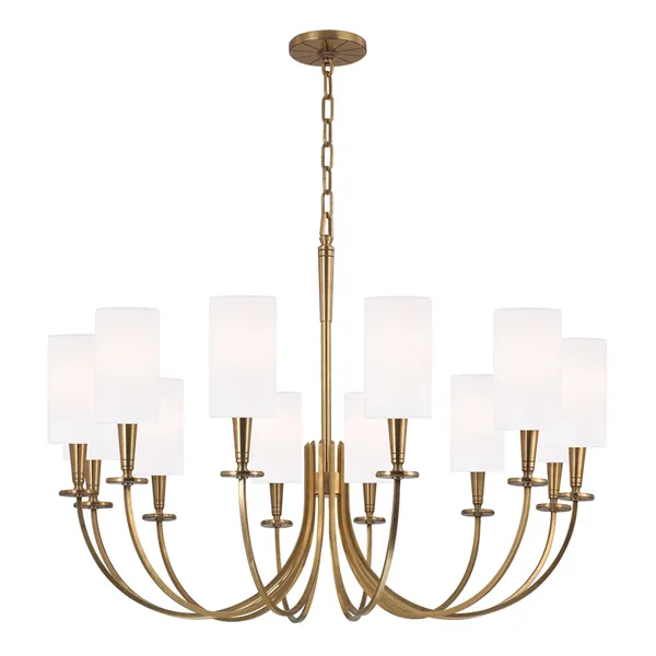 Mason 12 Light Chandelier with brushed brass finish and twelve white cylindrical shades on curved arms