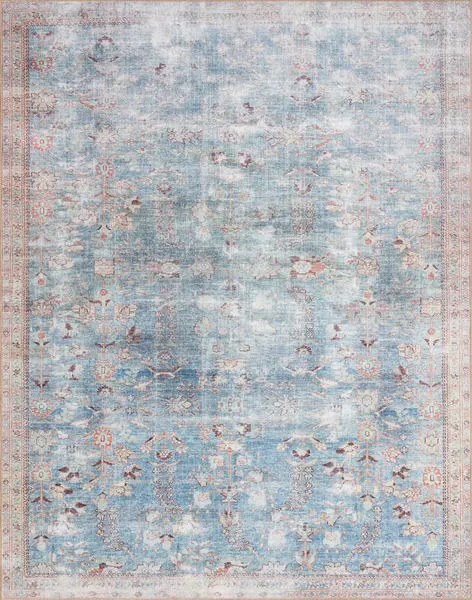 Teal and multi colored power-loomed rug with traditional floral and ornate patterns, textured vintage-inspired look