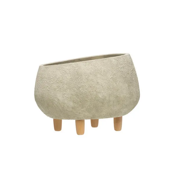 Product Image 3 for Grey Terracotta Planter With Cement Finish & Wood Feet from Creative Co-Op