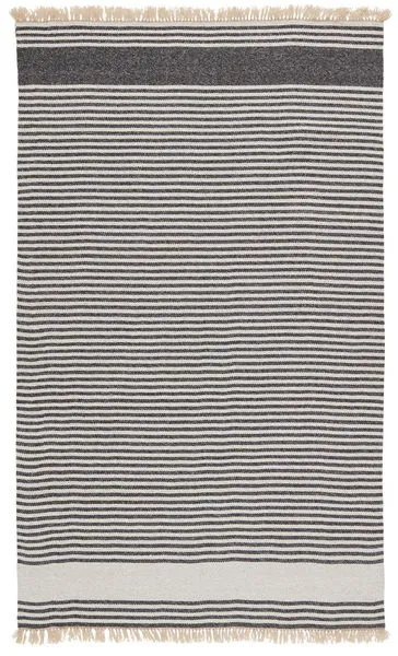 Indoor/outdoor handwoven polypropylene rug with dark gray and beige ticking stripes and fringed edges