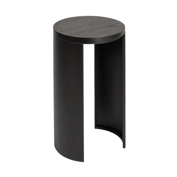 Luna Black End Table with round black wood top and minimalist curved metal base in matte finish
