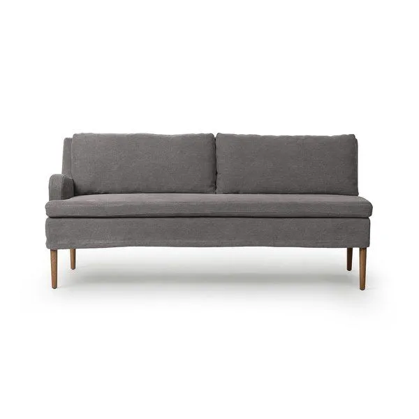 Build Your Own: Aurelia Dining Banquette with Broadway Denim fabric and amber oak legs, featuring one armrest on left side
