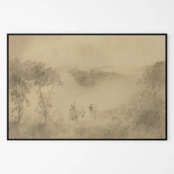 Impressionist-style atmospheric landscape painting with muted earth tones, soft trees, and misty hills framed in white oak