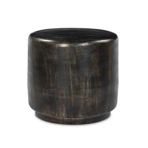 Classic drum-shaped outdoor end table with small plinth base in distressed bronze finish
