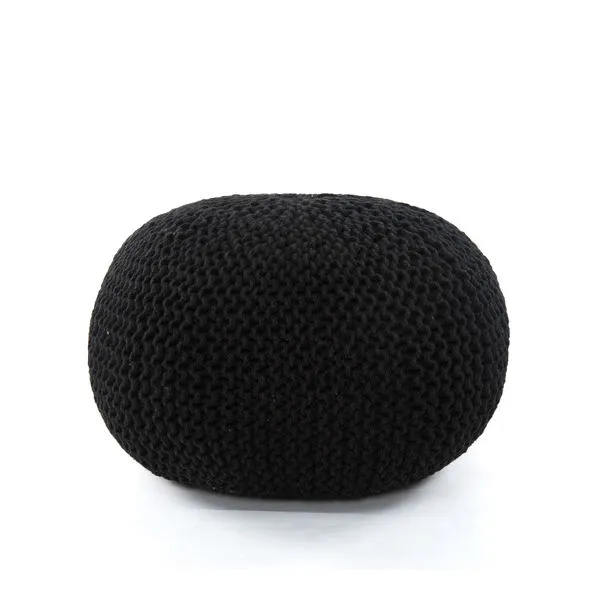 Softly-shaped black jute knit pouf with rounded form and textured surface