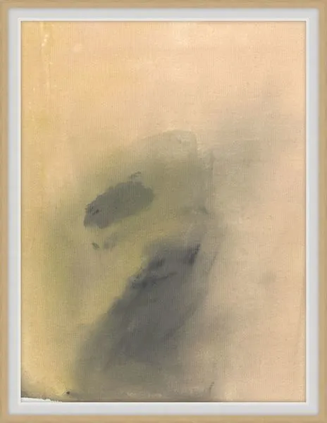 Abstract painting with muted beige and gray washes creating soft, blurred forms in a minimalist style