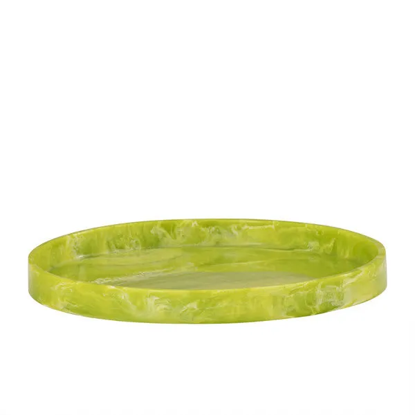 Large round tray in vibrant green resin with a glossy marbled finish and raised rim