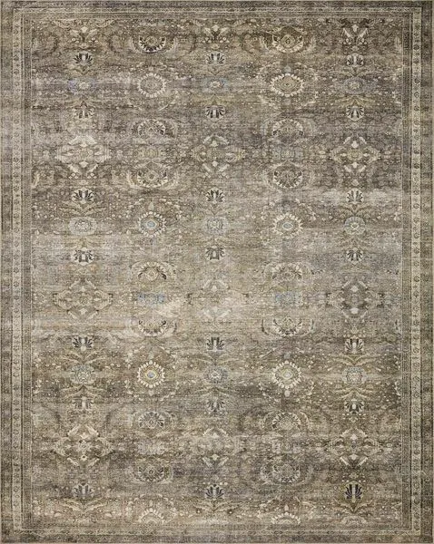 Overhead view of Layla rug showing full pattern and border with subtle moss and antique colors