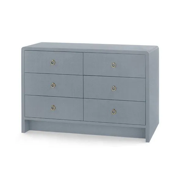 Bryant Linen extra large six-drawer dresser in soft blue-gray with antique brass ring pulls and inset base