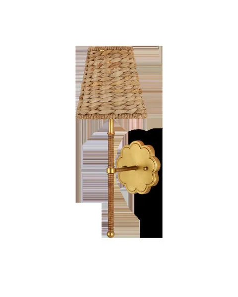 Savoie Wall Sconce with water hyacinth shade, floral gold leaf backplate, and rope-wrapped stem