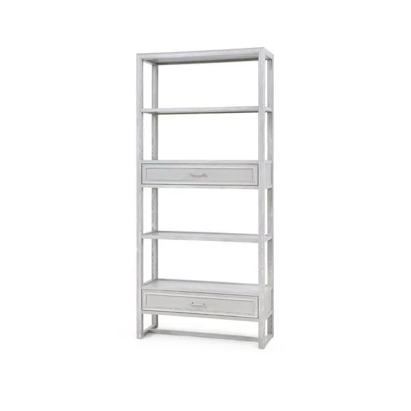 Tall contemporary etagere in clear lacquered cerused oak with gray-washed grasscloth drawers and polished nickel pulls
