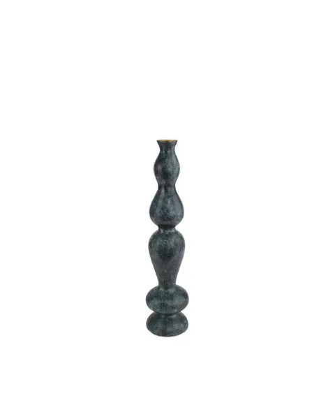 Full front view of the tall, slim bronze vase with jade green patina and gold ring at the top