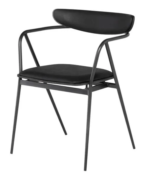 Gianni Shell Dining Chair in Raven leather with sleek black metal frame and curved backrest