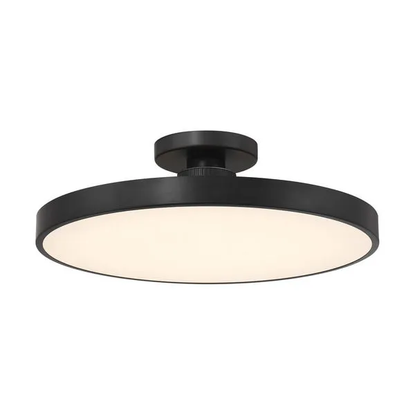 Semi-flush mount ceiling light with matte black frame and etched white glass diffuser