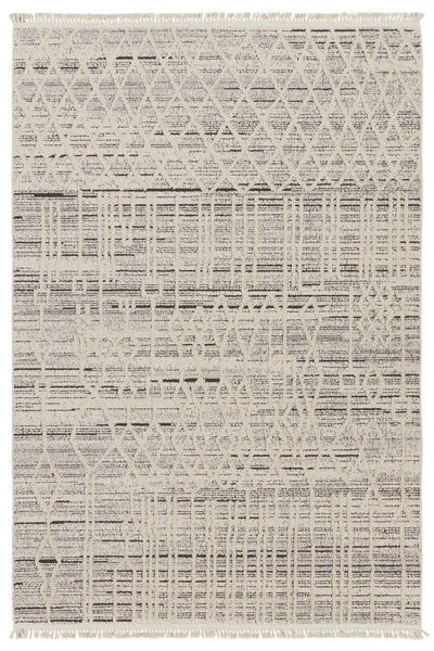 Modern 6'7" x 9'6" rug with cream and gray distressed Moroccan trellis pattern and fringed edges