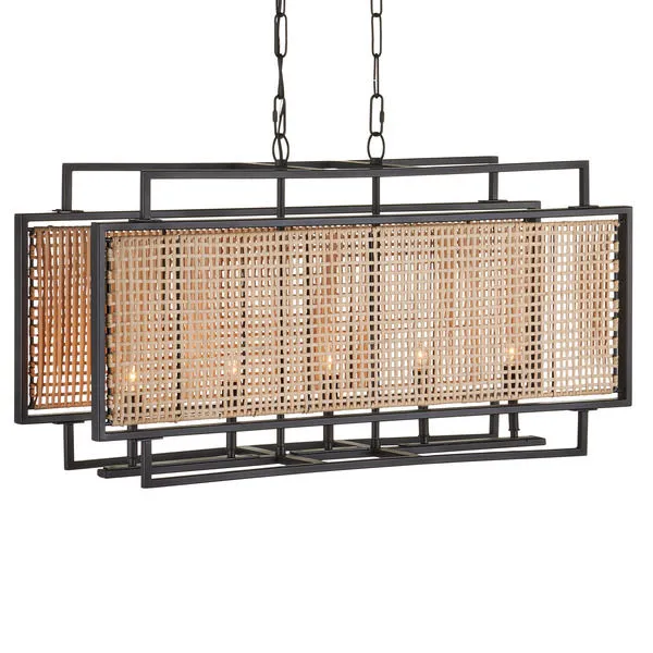 Rectangular chandelier with black metal frame and natural rattan radio weave panels on front and back