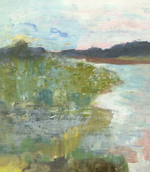 Serene impressionistic landscape capturing a river at sunrise with soft brushstrokes in greens, blues, and warm pastels