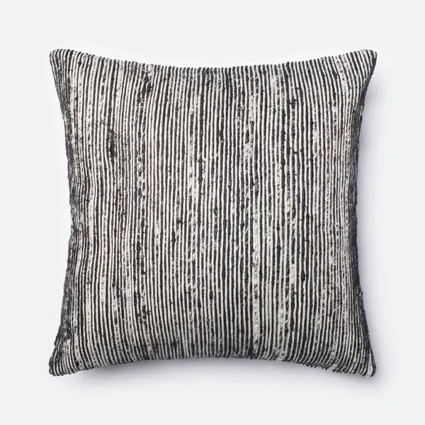 Claudia Pillow with vertical black and white striped textured fabric, square shape, plush and soft appearance