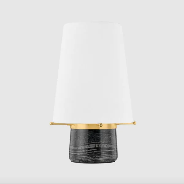 White background studio shot showing lamp front with fabric shade and smooth dark marble base