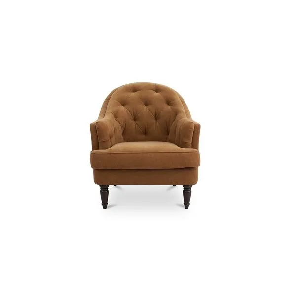 Ginger-toned Pandora Accent Chair with tufted curved back, piped cushions, and dark turned wood legs