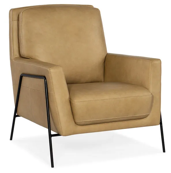 Amette Metal Frame Club Chair in Anker Sand top grain leather with slender black metal frame and sculptured modern shape