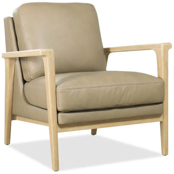 Stationary Ashland Chair in Majestic Toast leather with exposed light wood arms and plush pillow back