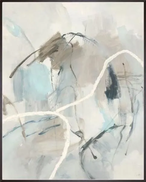 Abstract painting with soft beige, light blue, gray tones and white curved lines in an espresso brown float frame