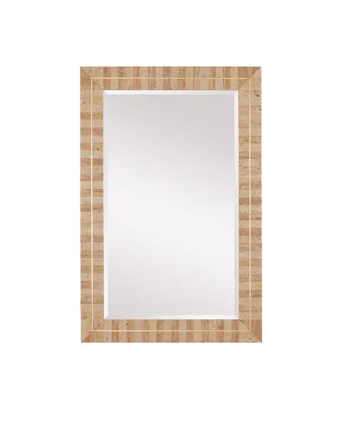 Rectangular mirror with stacked natural travertine tiles in dark and light pattern and central brass inlay