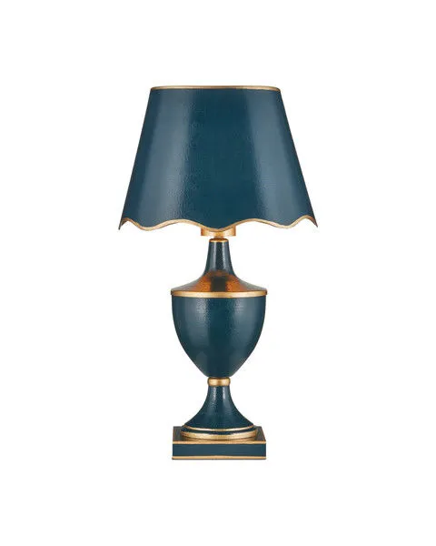 Travelogue Navy Cordless Table Lamp with gold trim and scalloped shade on a square base