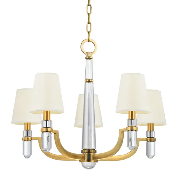 Dayton 5 Light Chandelier with brass arms, clear crystal accents, and white fabric shades on each bulb