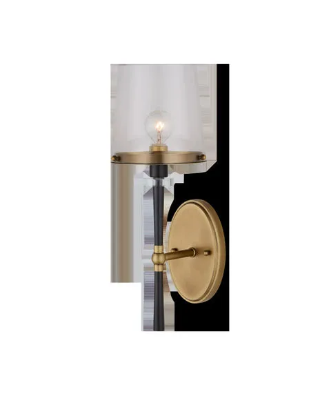 Lyndall Wall Sconce with antique brass oval wall plate and clear glass shade over a visible bulb