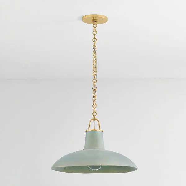 Pendant shown hanging from a ceiling with gold canopy, viewed slightly from above