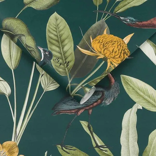 Wallpaper with green background featuring detailed botanical leaves and exotic birds in yellow and brown tones