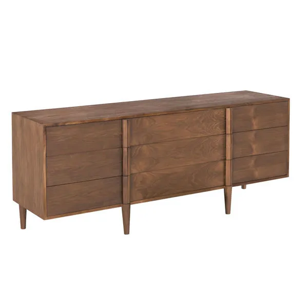 Briar Teak Dresser with clear coat satin finish showcasing rich wood grain and six drawers on tapered legs