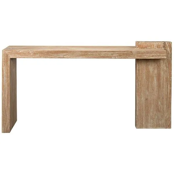 Contemporary Hammond Console table handcrafted from mindi wood with a natural distressed finish and asymmetrical block design